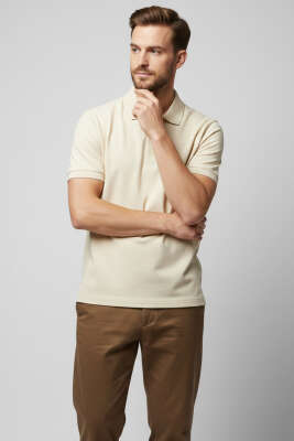 Polo Yaka Düğme Detaylı Erkek T-shirt Krem 