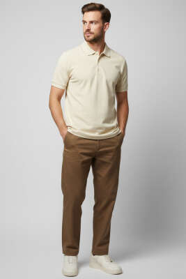 Polo Yaka Düğme Detaylı Erkek T-shirt Krem - Erkek T-shirt