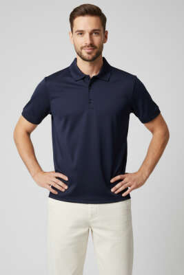 Polo Yaka Düğme Detaylı Erkek T-shirt Lacivert 