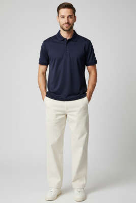 Polo Yaka Düğme Detaylı Erkek T-shirt Lacivert - Erkek T-shirt