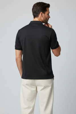 Polo Yaka Düğme Detaylı Erkek T-shirt Siyah - Erkek Siyah Tişört