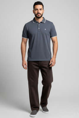 Polo Yaka Düğmeli Arma Detaylı Erkek T-shirt Füme - Erkek T-shirt