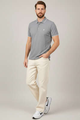 Polo Yaka Düğmeli Arma Detaylı Erkek T-shirt Gri - BESSE