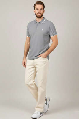 Polo Yaka Düğmeli Arma Detaylı Erkek T-shirt Gri - Erkek T-shirt