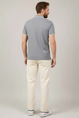 Polo Yaka Düğmeli Arma Detaylı Erkek T-shirt Gri - Erkek T-shirt