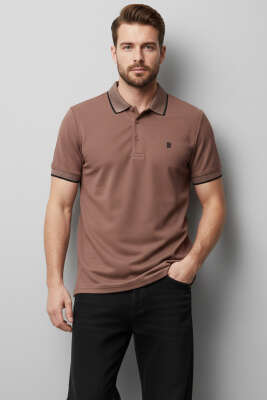 Polo Yaka Düğmeli Arma Detaylı Erkek T-shirt Kahve 