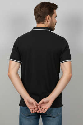 Polo Yaka Düğmeli Arma Detaylı Erkek T-shirt Siyah - Babalar Günü