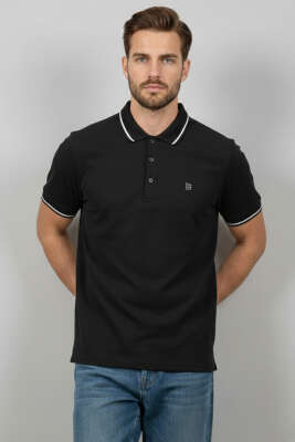 Polo Yaka Düğmeli Arma Detaylı Erkek T-shirt Siyah - BESSE