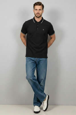 Polo Yaka Düğmeli Arma Detaylı Erkek T-shirt Siyah - Erkek T-shirt