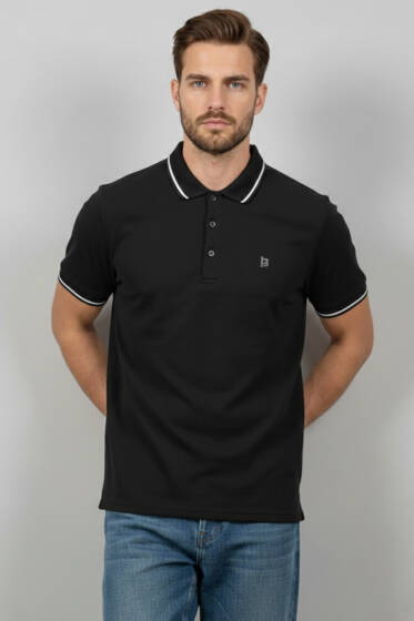Polo Yaka Düğmeli Arma Detaylı Erkek T-shirt Siyah - Siyah Polo Yaka Tişört