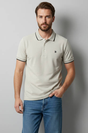 Polo Yaka Düğmeli Arma Detaylı Erkek T-shirt Taş - Erkek T-shirt