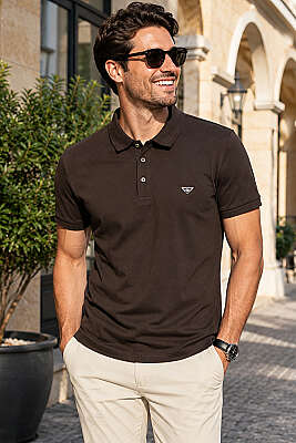 Polo Yaka Düğmeli Armalı Erkek T-shirt Kahve 