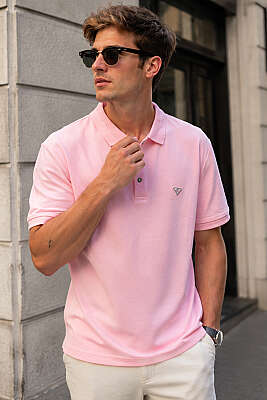 Polo Yaka Düğmeli Armalı Erkek T-shirt Pembe 