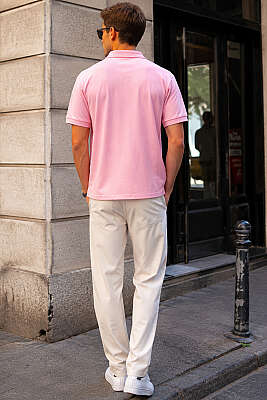 Polo Yaka Düğmeli Armalı Erkek T-shirt Pembe - Erkek T-shirt