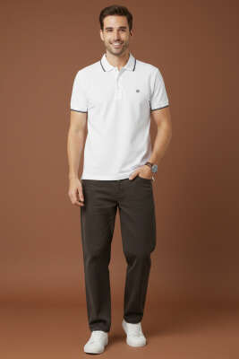 Polo Yaka Düğmeli Basic Erkek T-shirt Beyaz - Beyaz Polo Yaka Tişört