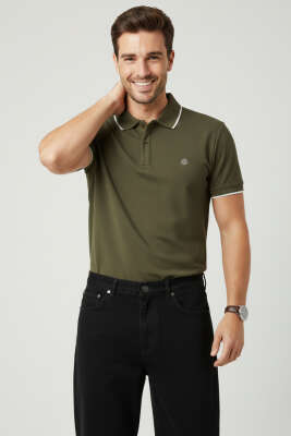 Polo Yaka Düğmeli Basic Erkek T-shirt Haki 