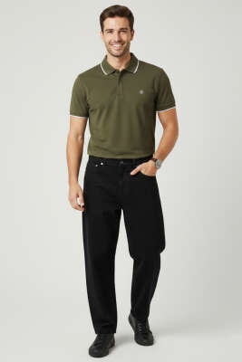 Polo Yaka Düğmeli Basic Erkek T-shirt Haki - Erkek Polo Yaka Tişört