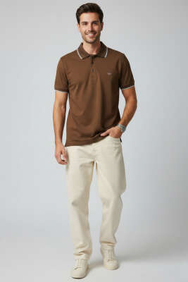 Polo Yaka Düğmeli Basic Erkek T-shirt Kahve - Erkek Polo Yaka Tişört
