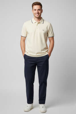 Polo Yaka Düğmeli Basic Erkek T-shirt Krem - Erkek Polo Yaka Tişört