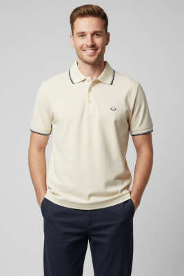 Polo Yaka Düğmeli Basic Erkek T-shirt Krem 