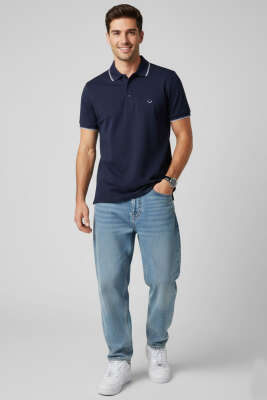 Polo Yaka Düğmeli Basic Erkek T-shirt Lacivert - Erkek Polo Yaka Tişört