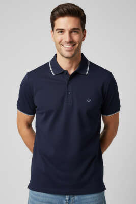 Polo Yaka Düğmeli Basic Erkek T-shirt Lacivert - BESSE