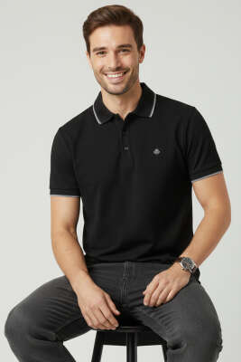 Polo Yaka Düğmeli Basic Erkek T-shirt Siyah 
