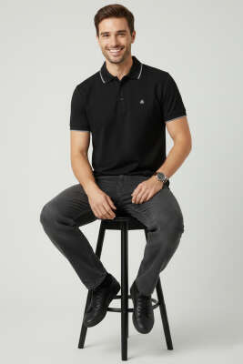 Polo Yaka Düğmeli Basic Erkek T-shirt Siyah - Erkek Siyah Tişört