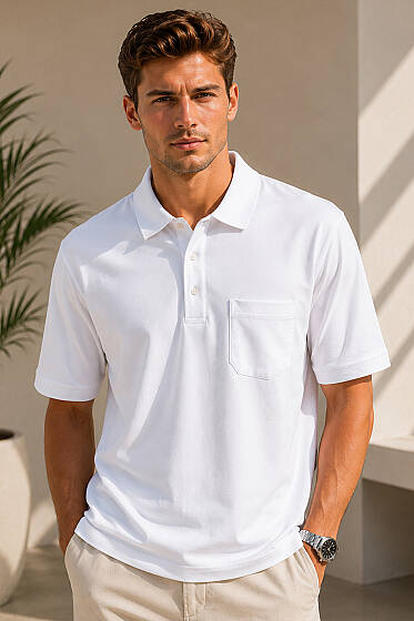 Polo Yaka Düğmeli Cepli Erkek T-shirt Beyaz - Erkek T-shirt