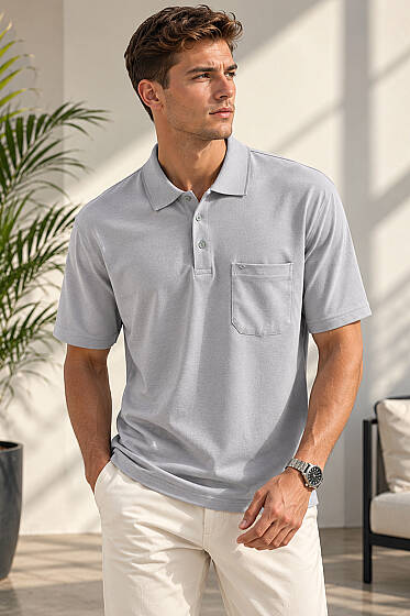 Polo Yaka Düğmeli Cepli Erkek T-shirt Gri - Erkek T-shirt