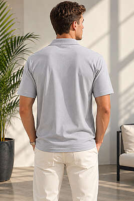 Polo Yaka Düğmeli Cepli Erkek T-shirt Gri - Erkek T-shirt