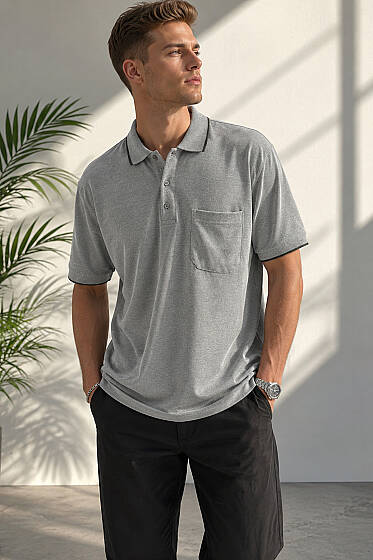 Polo Yaka Düğmeli Cepli Erkek T-shirt Haki - Erkek T-shirt