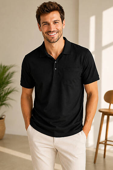 Polo Yaka Düğmeli Cepli Erkek T-shirt Siyah - Erkek T-shirt