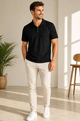 Polo Yaka Düğmeli Cepli Erkek T-shirt Siyah - Erkek T-shirt