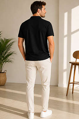 Polo Yaka Düğmeli Cepli Erkek T-shirt Siyah - Erkek T-shirt