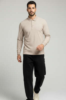 Polo Yaka Düğmeli Çizgili Sweatshirt Bej - Erkek Polo Yaka Tişört