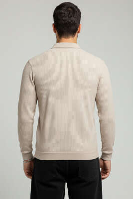 Polo Yaka Düğmeli Çizgili Sweatshirt Bej - Erkek Polo Yaka Tişört