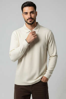 Polo Yaka Düğmeli Çizgili Sweatshirt Bej - HİT TİME