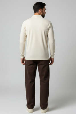 Polo Yaka Düğmeli Çizgili Sweatshirt Bej - Yeni Erkek Giyim