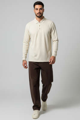 Polo Yaka Düğmeli Çizgili Sweatshirt Bej - Yeni Erkek Giyim