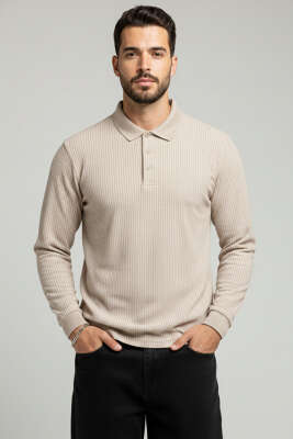 Polo Yaka Düğmeli Çizgili Sweatshirt Bej 