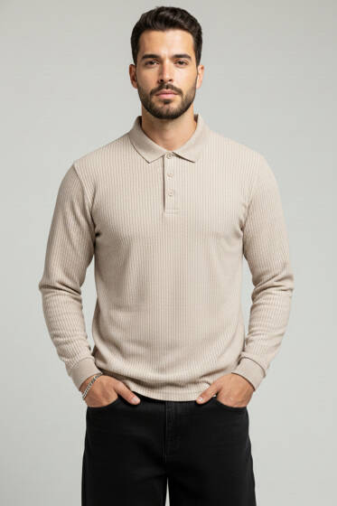 Polo Yaka Düğmeli Çizgili Sweatshirt Bej - Yeni Erkek Giyim