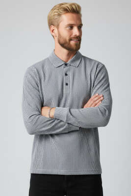 Polo Yaka Düğmeli Çizgili Sweatshirt Füme 