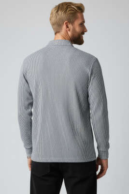Polo Yaka Düğmeli Çizgili Sweatshirt Füme - Erkek Polo Yaka Tişört