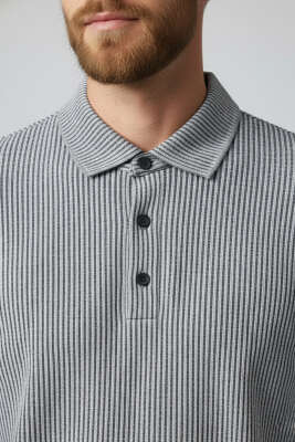 Polo Yaka Düğmeli Çizgili Sweatshirt Füme - Erkek Polo Yaka Tişört