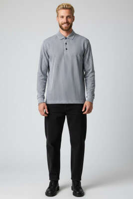 Polo Yaka Düğmeli Çizgili Sweatshirt Füme - Yeni Erkek Giyim