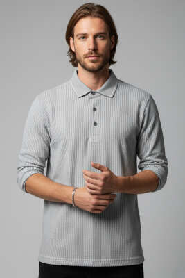 Polo Yaka Düğmeli Çizgili Sweatshirt Haki 
