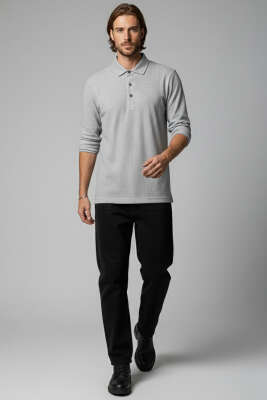 Polo Yaka Düğmeli Çizgili Sweatshirt Haki - Erkek Polo Yaka Tişört