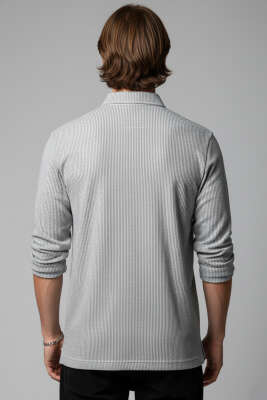 Polo Yaka Düğmeli Çizgili Sweatshirt Haki - Erkek Polo Yaka Tişört