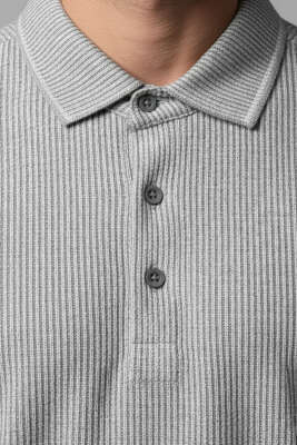 Polo Yaka Düğmeli Çizgili Sweatshirt Haki - Erkek Polo Yaka Tişört